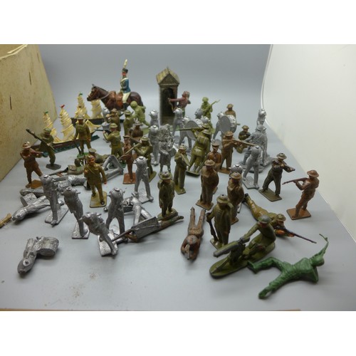 727A - Two boxes of Britains Ltd, Johillco and other lead soldiers and farm animals plus two 'flat' lead sa... 