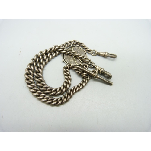 1005 - A silver double Albert watch chain with Victorian silver coin fob, 71g, 40cm