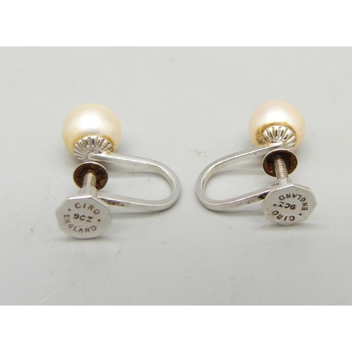 1009 - A pair of 9ct white gold pearl mounted earrings with screw backs, marked Ciro, in a Ciro box, 1.8g