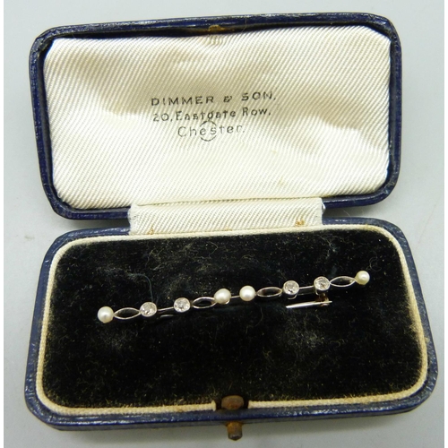 1012 - A diamond and pearl set brooch, 3.8g, 51mm