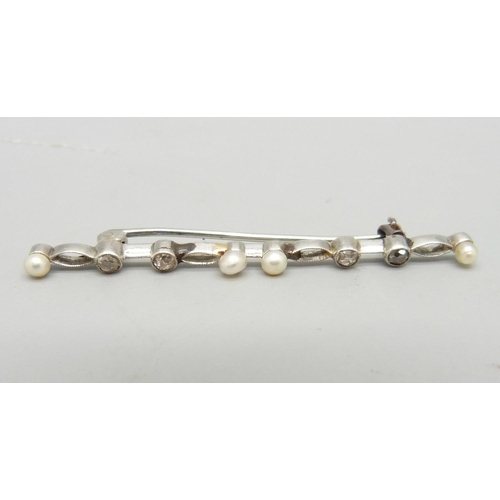 1012 - A diamond and pearl set brooch, 3.8g, 51mm