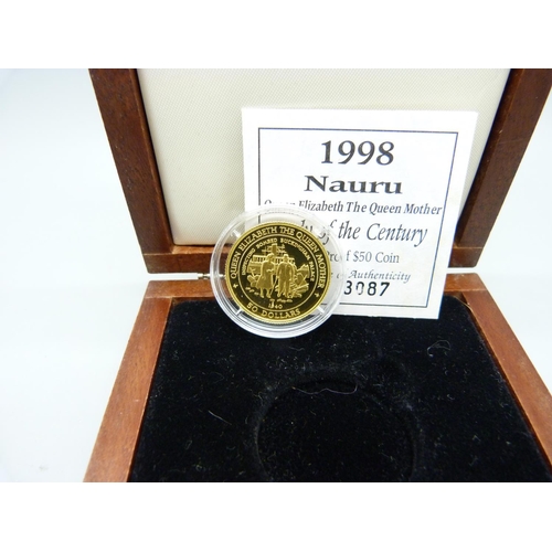 1017 - A Royal Mint 14ct gold 1998 Nauru $50 coin, Queen Mother commemorative, 7.776g, limited edition, wit... 