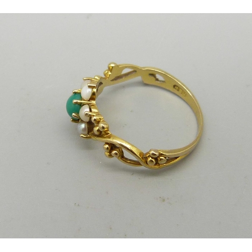 1030 - A 9ct gold, pearl and green stone ring, 1.5g, K