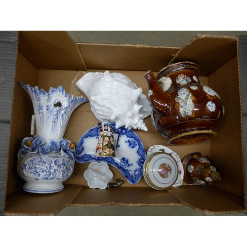 1062 - Two boxes of Victorian and later china, a bargeware teapot, a/f, Royal Crown Derby jug with staple r... 