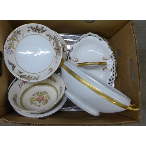 1062 - Two boxes of Victorian and later china, a bargeware teapot, a/f, Royal Crown Derby jug with staple r... 