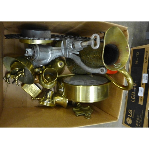 1074 - A box of mixed brass including a horn, barometer and a mincer **PLEASE NOTE THIS LOT IS NOT ELIGIBLE... 