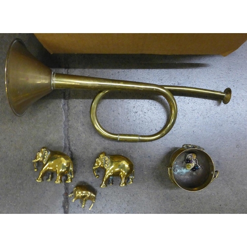 1074 - A box of mixed brass including a horn, barometer and a mincer **PLEASE NOTE THIS LOT IS NOT ELIGIBLE... 