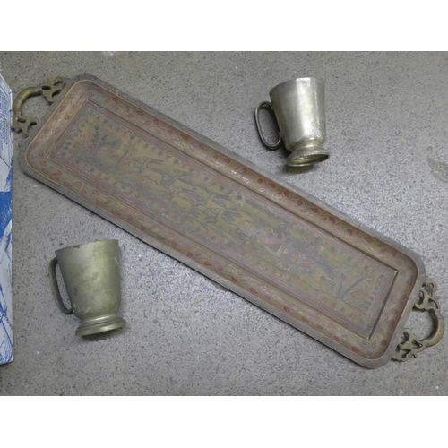 1087 - A box of silver plated items, tankards, trays, etc. **PLEASE NOTE THIS LOT IS NOT ELIGIBLE FOR POSTI... 