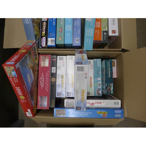 1090 - Two boxes of jigsaws; 19 x 1000 and 6 x 500 including Waddingtons, Gibsons, Falcon, King, etc. **PLE... 