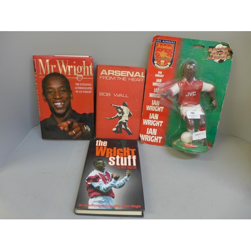 782 - Ian Wright, two autobiographies, a Soccer Super Heroes figure and an Arsenal book