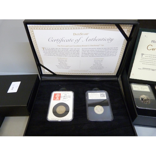 838 - Four commemorative coin sets, First and Last Circulation Round £1 Date Stamp set, a 180th Anniversar... 