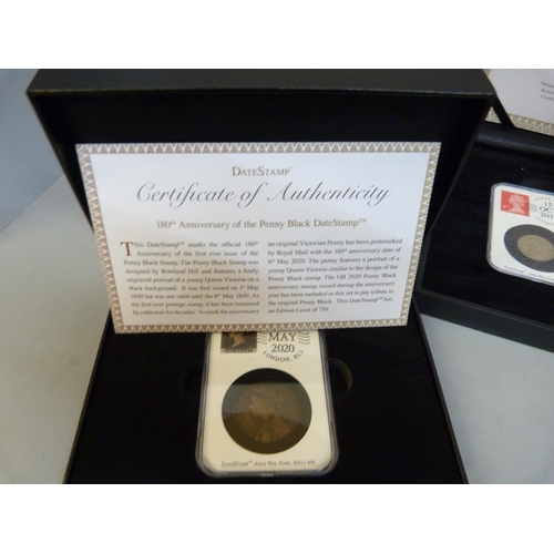 838 - Four commemorative coin sets, First and Last Circulation Round £1 Date Stamp set, a 180th Anniversar... 