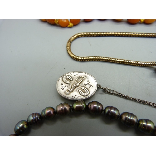 840 - A Victorian silver locket, a plated snake necklace, a coral necklace with 9ct gold fastener, an ambe... 