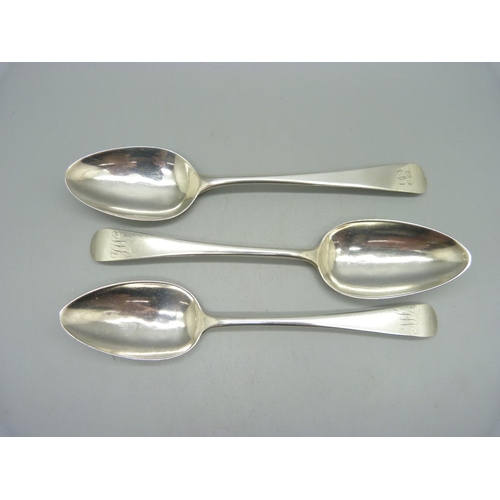 860 - Three Georgian silver spoons, a pair London 1801 and one other, 96g