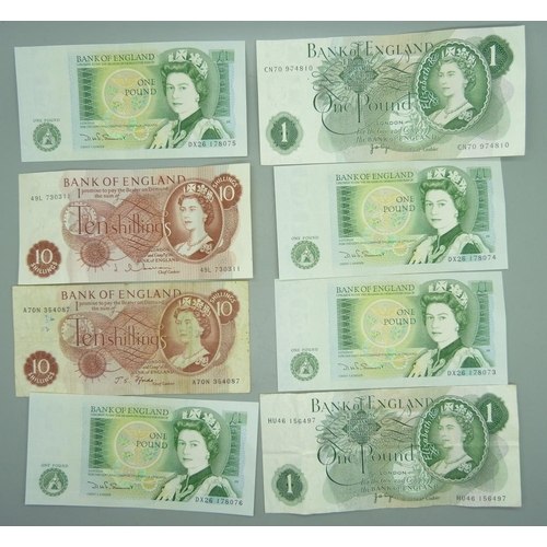 870 - Six £1 notes and two 10 shillings notes, (including four consecutive numbers)