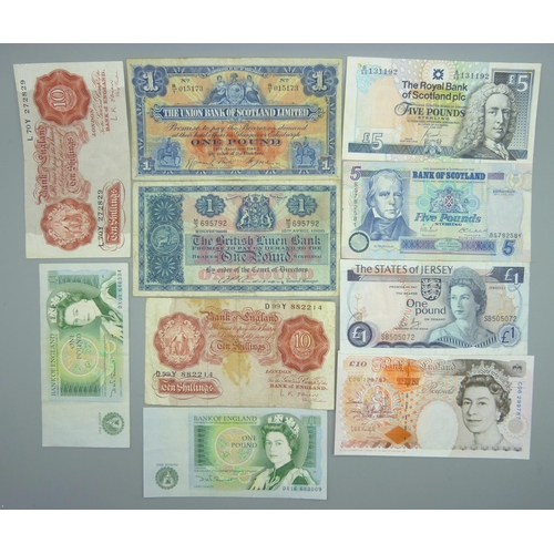 872 - A collection of British bank notes, including Ten Pounds, five one pound notes including The Union B... 