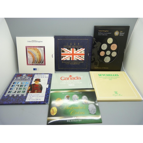 873 - Seven coin packs; four UK, Canada, Seychelles and Australia's