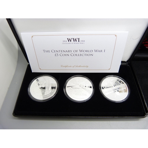 874 - A Centenary of World War I £5 three proof coin collection and three other commemorative coins, two c... 