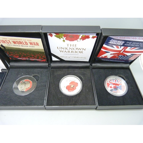 874 - A Centenary of World War I £5 three proof coin collection and three other commemorative coins, two c... 