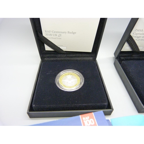 878 - Two boxed proof coins, a RAF Centenary Badge £2 2018 and a 250th Anniversary of Captain James Cook's... 