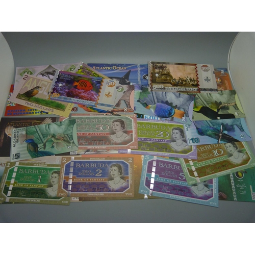 881 - A collection of 'Private' and 'Fantasy' bank notes