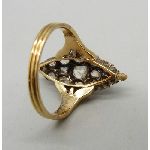 923 - A 19th Century 18ct gold, old rose cut diamond ring, 3.9g, M