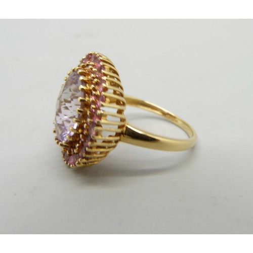 960 - An 18ct gold, amethyst and pink tourmaline dress ring, 5g, N