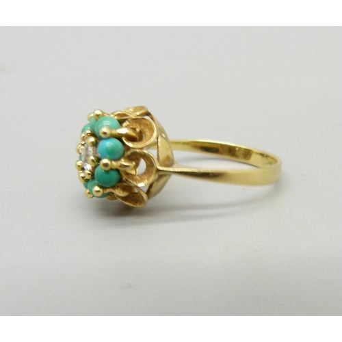 967 - A yellow metal, turquoise and diamond ring, continental control marks on outer shank, 4.1g, O