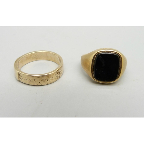 990 - A 9ct gold signet ring, 6.9g, H, and a yellow metal ring with opening front, 3.5g, N