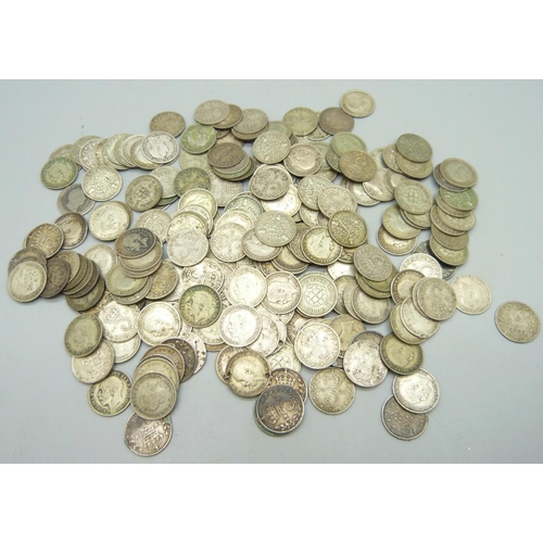 991 - Silver 3d coins, pre 1920 including Victorian and 1920 to 1946, 306g