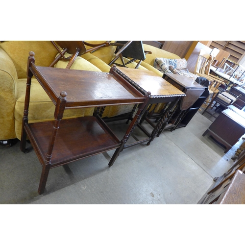 186 - An oak barleytwist gateleg table and occasional table, an oak trolley and a newspaper stand