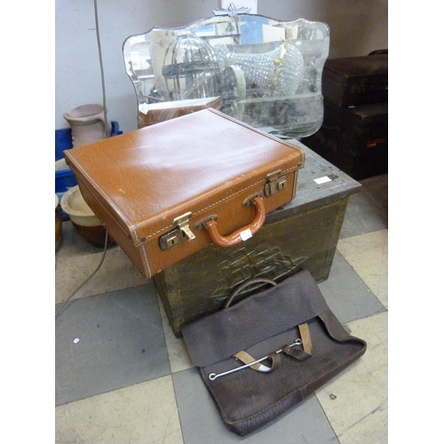 438 - An Art Deco mirror, brass coal bin, leather suitcase and a bag