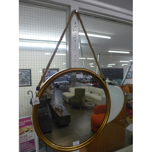 1342a - A medium round gold metal mirror on a hanging rope with Hook H46cms (JRG1211)         #