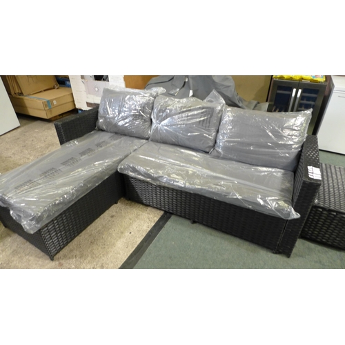 3272 - 3-piece Black rattan corner sofa set with grey cushions and glass topped coffee table