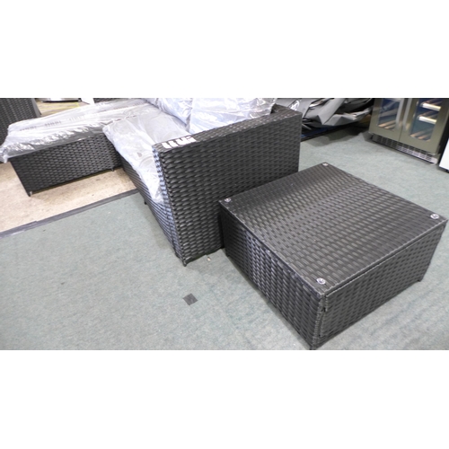 3272 - 3-piece Black rattan corner sofa set with grey cushions and glass topped coffee table