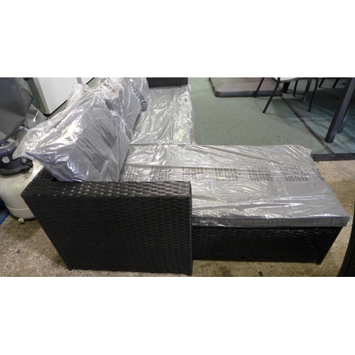 3272 - 3-piece Black rattan corner sofa set with grey cushions and glass topped coffee table