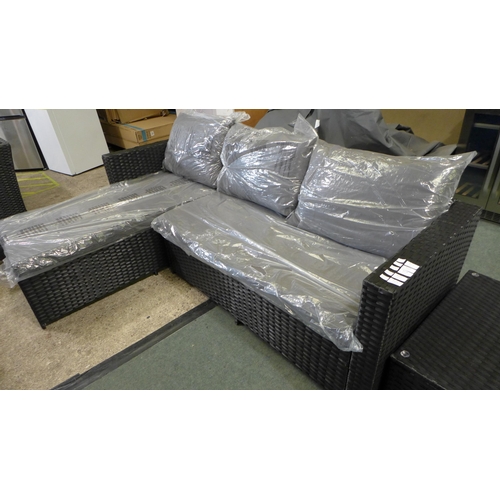 3272 - 3-piece Black rattan corner sofa set with grey cushions and glass topped coffee table