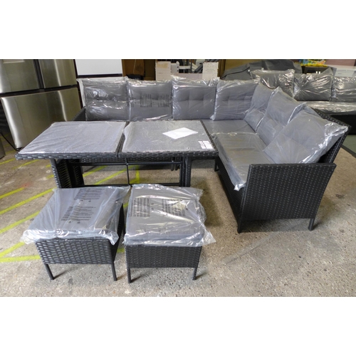 3277 - 6-piece Black rattan corner sofa set with glass topped dining table and grey cushions