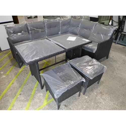 3277 - 6-piece Black rattan corner sofa set with glass topped dining table and grey cushions