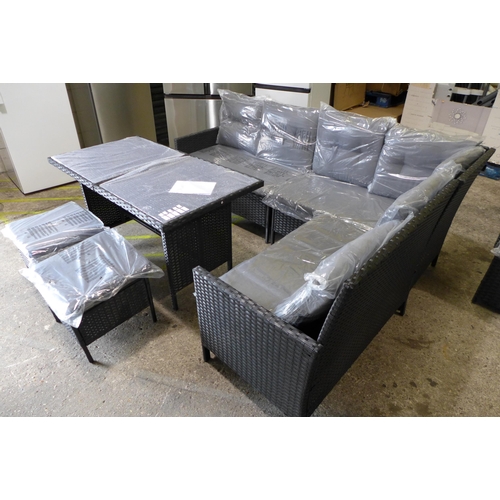 3277 - 6-piece Black rattan corner sofa set with glass topped dining table and grey cushions