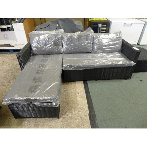 3273 - 3-piece Black rattan corner sofa set with grey cushions and glass topped coffee table