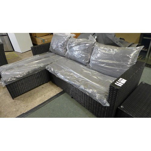 3273 - 3-piece Black rattan corner sofa set with grey cushions and glass topped coffee table