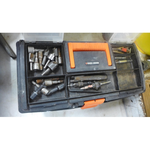 2018 - Toolbox with qty. of drill bits, large qty. of misc. items inc. locks, screws, nails, handles, etc.