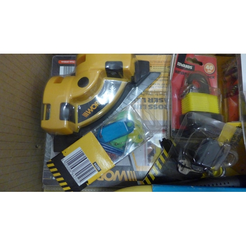 2085 - Box of unused tools, hack saw, bow saw, goggles, metal and electrical voltage detector, cross line l... 