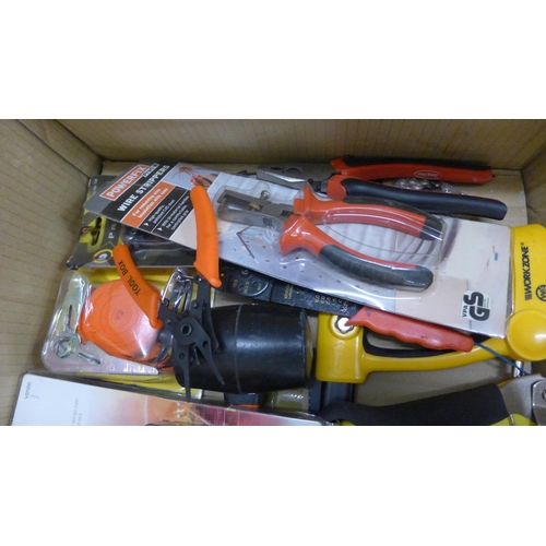 2085 - Box of unused tools, hack saw, bow saw, goggles, metal and electrical voltage detector, cross line l... 