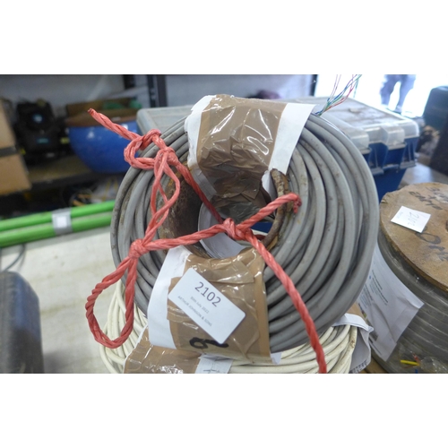 2102 - Cable reels job lot: 2 x flat grey cable 4243y 3 core and earth, 1mm x 100m; red, yellow and blue, 8... 