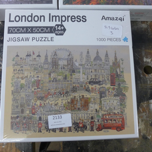 2133 - Three 1000 piece jigsaws, German Stone Castle, Paris Street Scene and London Impressionist Scene, (s... 