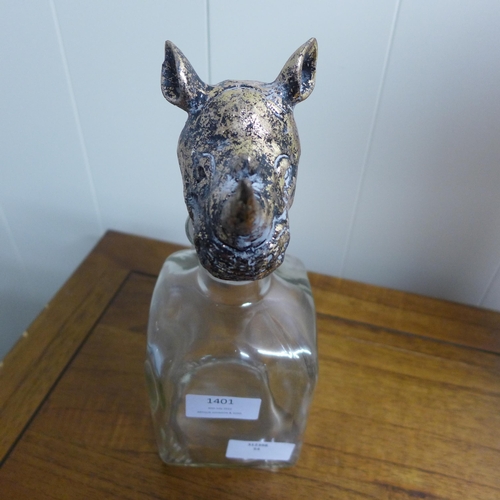 1401 - A glass storage bottle with rhino head stopper, H 24cms (HKL3506)   #