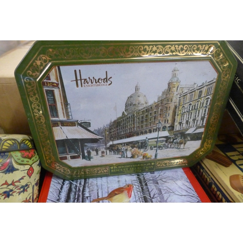 2158 - Box of vintage tins and containers, OXO, Harrods, Black Magic and more