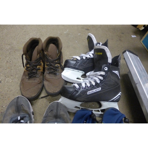 2161 - A box of assorted Nike, Vans, etc. shoes and Baeur ice skates